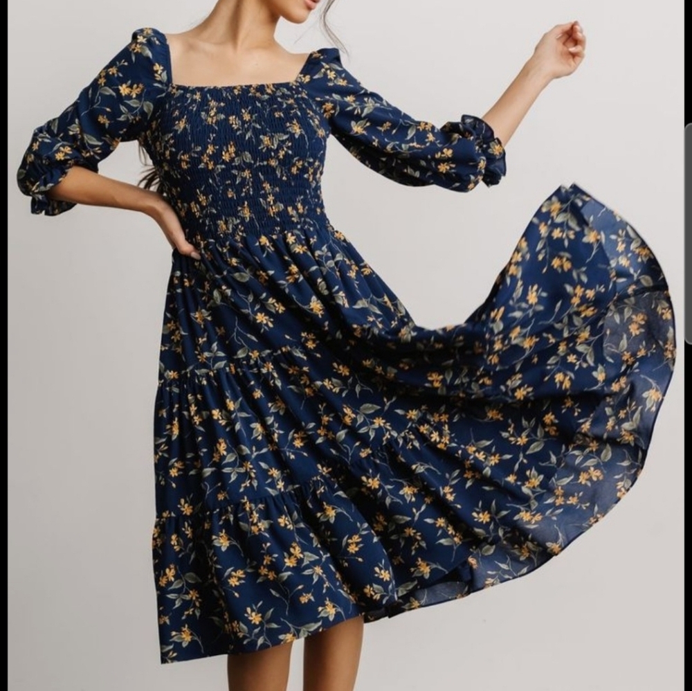 BALTIC BORN Martha Smocked  Blue Dress with Yellow Floral Pattern 1x New WO Tags